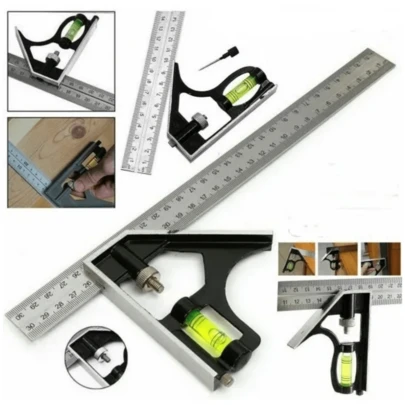Esquadro Combinado Com Nível E Régua De Inox Ajustável 30cm 12 Polegadas
