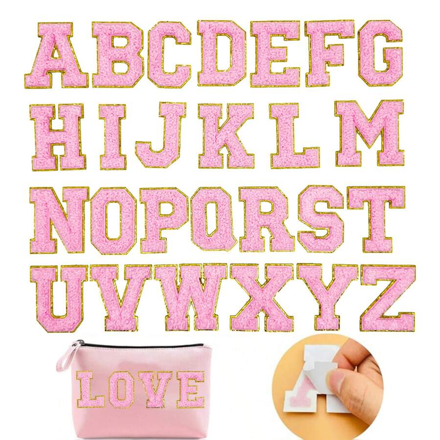 A-Z 26个自粘粉色字母贴纸，热转印字母贴纸，服装外套包包配饰，字母徽章贴纸，动物形状DIY图案，自粘或缝纫贴纸，牛仔外套背包贴纸 - 粉色 - 查看 1