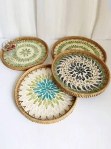 1pc Natural Handmade Round Rattan Tray Rattan Cutlery Tray With Wooden Base, Green Leaf Model, Fresh And Simple, Used For Table Decorations Placement,Round Rattan Tray, Snack Tray, For Table Decoration Placing Coffee, Bread, Food,Of Coffee,Home Decor Snack Serving Dish Platter.Fall Home Decor,Kitchen Accessories,Home Accessories,Bedroom Decor,Home Accessories,Room Decor,Room Decor Bedroom,Bedroom Decor,Gift.