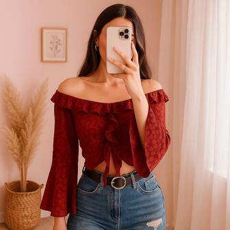 Blusa crop top rojo elegante manga acampanada off shoulder mujer