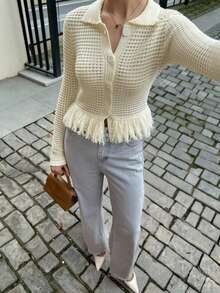Áo khoác cardigan dệt kim lãng mạn FOR BEAUTY, Áo khoác len dài tay mới dành cho nữ, Áo cardigan dệt kim khoét lỗ có tua rua mùa xuân/hè, Áo khoác ngoài mùa xuân - Màu be - Xem 5
