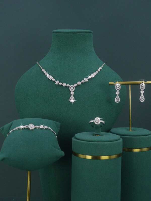 5pcs Gold-Plated Luxury Royal Style Bridal Wedding Jewelry Set, Including Necklace, Bracelet, Earrings, Ring, Inlaid With White Cubic Zirconia, Suitable For Daily Wear And Wedding Ceremony, Wedding Anniversary Gift