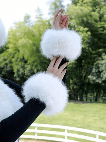 纯色仿毛皮袖口，优雅柔软保暖毛绒腕套，冬季防风装饰假袖套，夏季