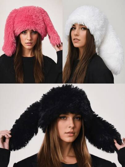1pc Women's Autumn/Winter Korean Style Fluffy Knitted Knitted Rabbit Fur Warm Fisherman Beanie Hat, Women Winter Clothes