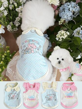 1 件可爱卡通印花宠物背心，时尚马卡龙色猫/狗无袖连衣裙，带可爱耳朵装饰，小翼袖，适合贵宾犬、比熊犬和其他小型宠物品种的家用和户外牵引绳