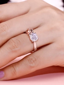 1 件创意个性化戒指，“可爱狐狸拥抱 1 克拉圆形方晶锆石戒指”珠宝礼物送给她 - 銀色 - 查看 7