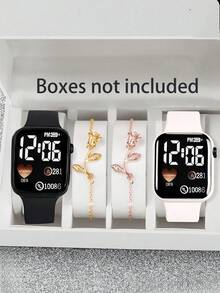 4 Stück/Set mit 2 Stück Cartoon Herz Quadratische Digitaluhr und 2 Stück Rose Legierung Armband, geeignet als Valentinstag Geschenk, Weihnachtsgeschenk, Abschlussgeschenk, Paar Geschenk, Paar Uhr Armband, die beste Wahl für Halloween, Weihnachten, Valentinstag, Muttertag, Feiertagsgeschenk