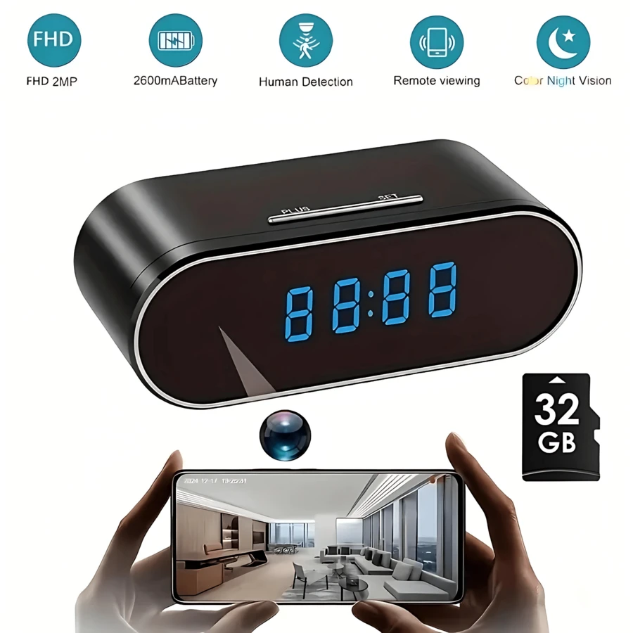 WiFi Indoor Camera Clock - 1080P FHD Camera With 32GB Card, Night Vision, Motion Detection, Loop Recording, 2.4GHz WiFi Connection, Lithium Battery Powered, Remote Live View, Ideal For Home, Office, Warehouse Monitoring