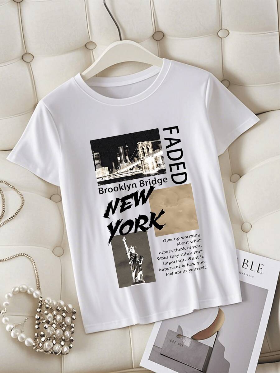 Camiseta de Mujer con Estampado Nueva York Puente de Brooklyn y Estatua de la Libertad Diseño Moderno y Casual Ideal para el Verano. - Blanco - Ver 1