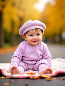 1件嬰兒貝雷帽/畫家帽，適合1-3歲幼兒，時尚髮飾，幼女秋季穿搭，適合居家與戶外穿著 - 純色 - 查看 4