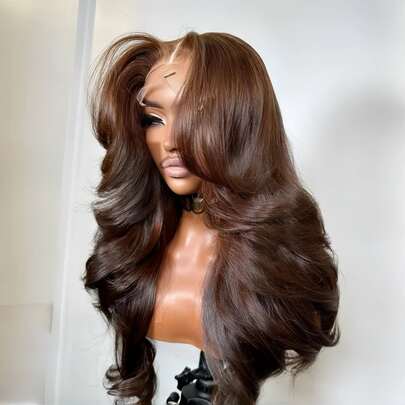 CEXXY Pelucas de cabello humano con encaje frontal HD, color marrón chocolate, 13x4, onduladas, 34 pulgadas, densidad 180, para mujeres.