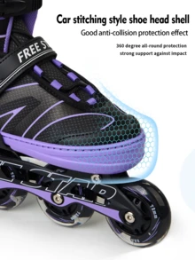 一套 FREE STAR 运动软皮 PU 直排轮滑鞋，带闪光轮，适合初学者，尺码可调节，包含头盔、护肘、护膝、手套，时尚户外专业运动鞋 - 紫色 - 查看 9