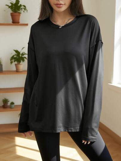 1pc Women's Outdoor Autumn/Winter High Elasticity Thumb Hole Round Neck Dropped Shoulder Oversized Long Sleeve Top, Suitable For Outdoor Leisure, Hiking, Running, Sports, Daily Commute, Simple Loose T-Shirt