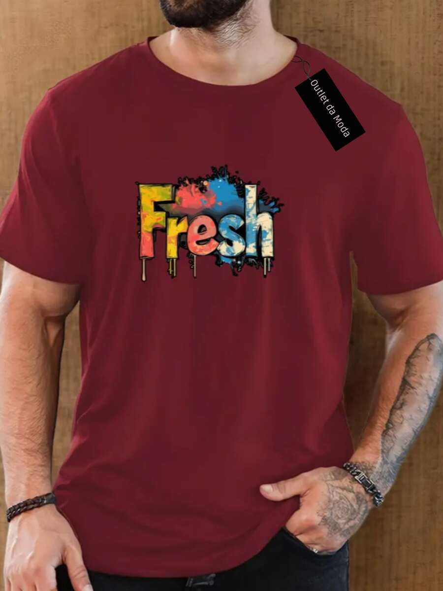 Camiseta masculina Estampada FRESH MODERNO Camisa 100% algodão super confortável moda verão - Bordo - Visão 1