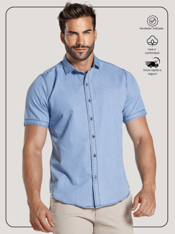 Camisa Jeans Masculina S/ Logo Manga Curta Slim Personalizável Uniforme 100% Algodão