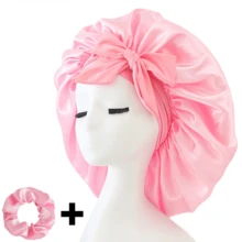 2pcs/Set "Spacious Space" Luxurious Solid Color Satin Bonnet With Satin Scrunchies Large Soft Y Bonnet For Sleeping Satin Hair Bonnet Night Cap Hair Care Hat With Tie Band Bonnets