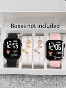 4 Stück/Set mit 2 Stück Cartoon Herz Quadratische Digitaluhr und 2 Stück Rose Legierung Armband, geeignet als Valentinstag Geschenk, Weihnachtsgeschenk, Abschlussgeschenk, Paar Geschenk, Paar Uhr Armband, die beste Wahl für Halloween, Weihnachten, Valentinstag, Muttertag, Feiertagsgeschenk
