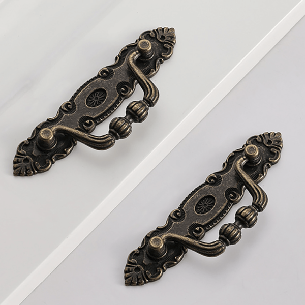 مقبض زخرفي لأدراج الأثاث القديم 2 قطعة، حلقات سحب منحوتة بشكل زهرة