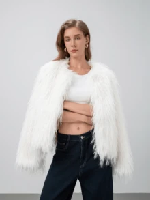 HZXVIC 女士时尚气质奢华仿皮草外套女式高端感修身上衣 - 白色 - 查看 3