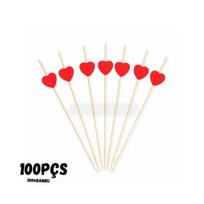 Kit 100 Palitos de Bambu Para Petisco Decorado Coração 12cm