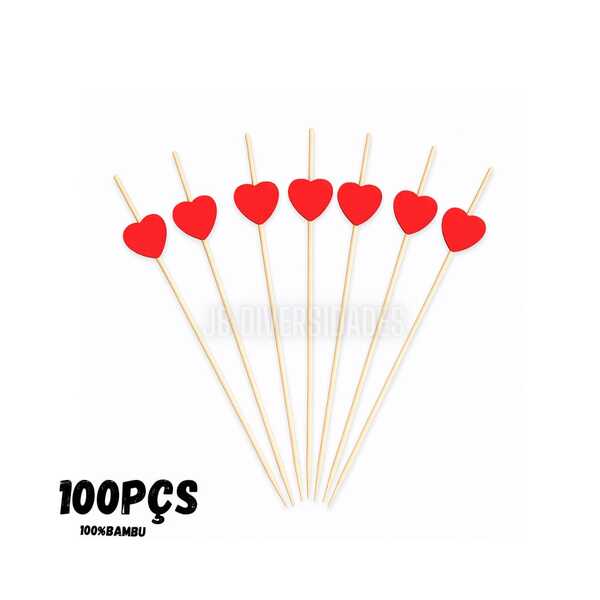 Kit 100 Palitos de Bambu Para Petisco Decorado Coração 12cm