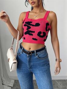 Leopard Print Knit Two - Piece Set (Cardigan + Crop Top) - Ideal for Fall & Spring, Casual Outings, Streetwear. Trendy, Versatile Sweater Set. - Rosa - Ver 2