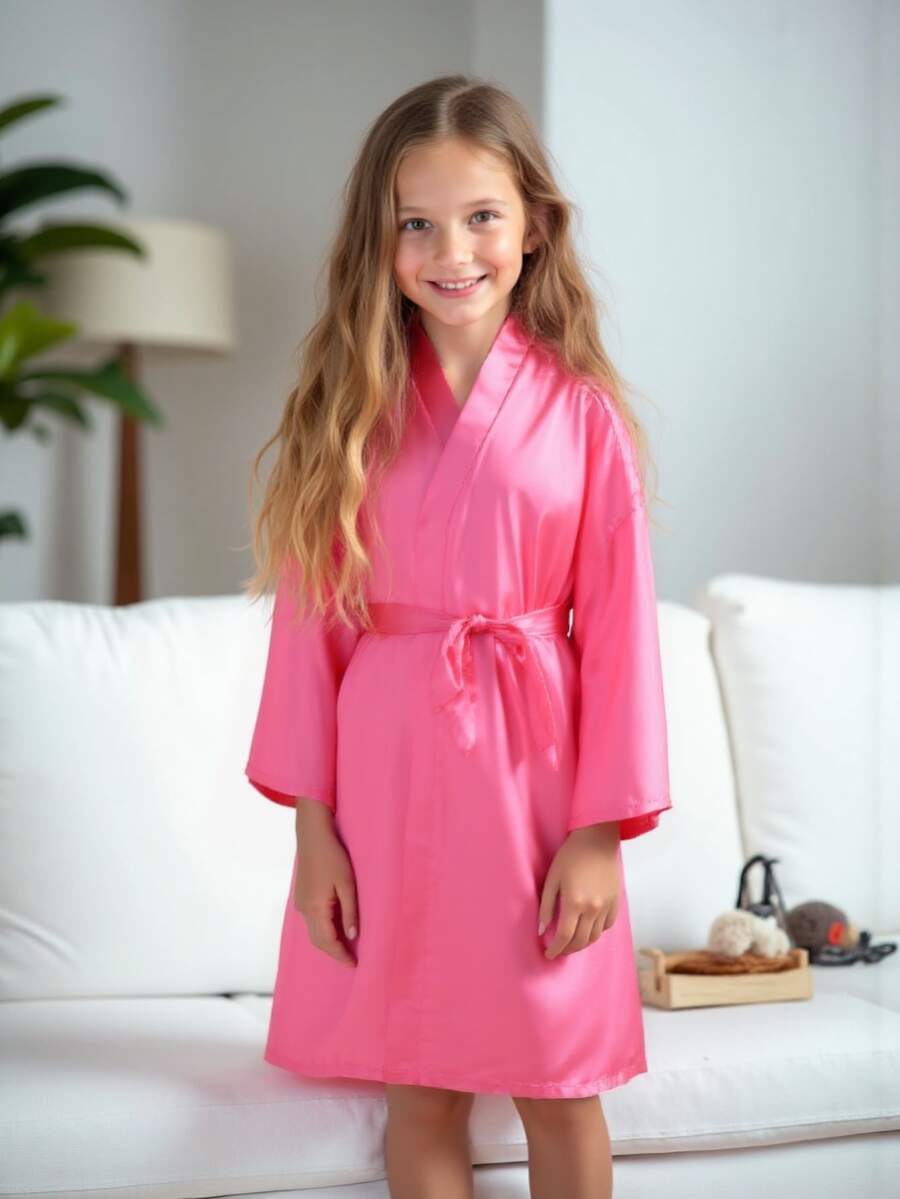 Tween Girl Solid Color Casual Loose Waist Tie Robe