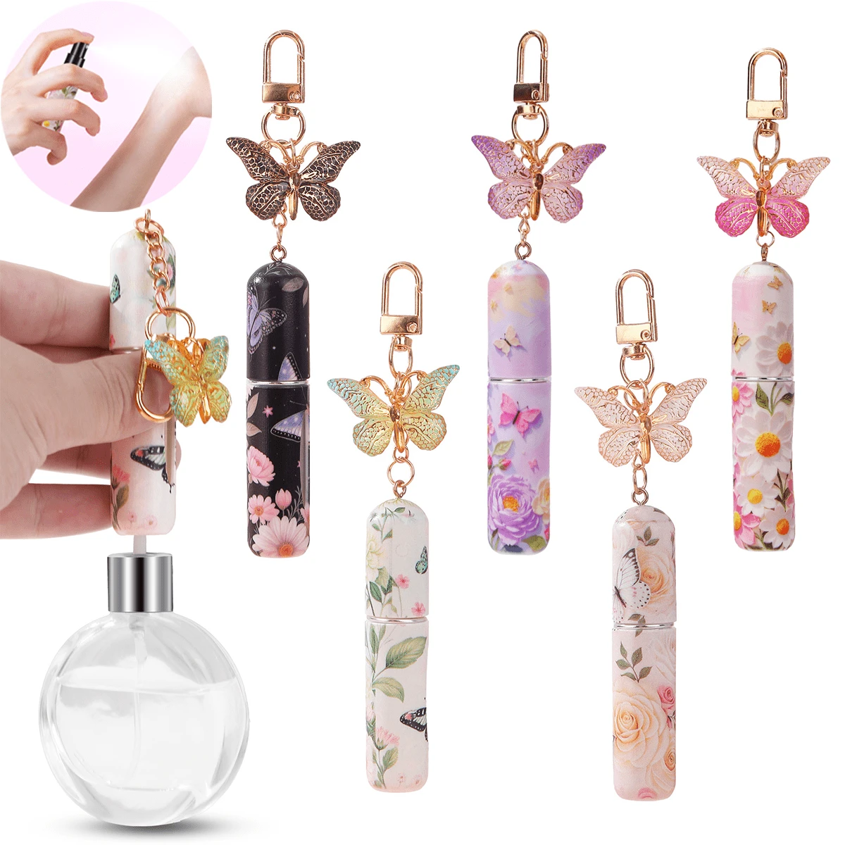 1 chai nước hoa cổ điển thanh lịch với mặt dây chuyền hình bướm 3D - Chai xịt có thể nạp lại, nắp vàng, họa tiết hoa mềm mại - Chai nước hoa, tinh dầu hoặc phụ kiện túi xách di động - Hộp đựng nước hoa cá nhân, chai nước hoa trang trí với cửa sổ hiển thị chất lỏng trong suốt