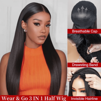 ZHENDEFA Straight Wear And Go 3 IN 1 Half Wigs Human Hair Machine Made With Drawstring Glueless Wigs Beginner Friendly