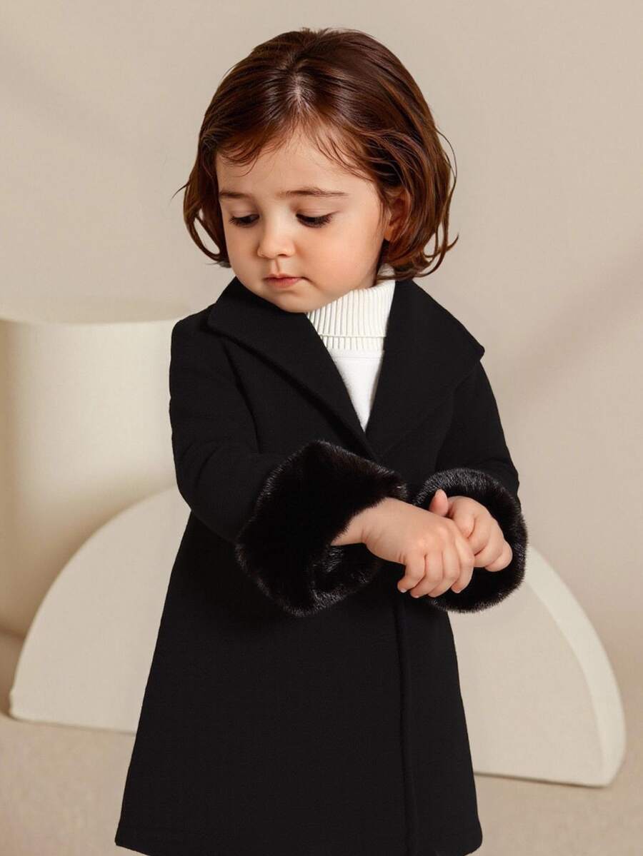 SHEIN Elladie kids Autumn/Winter Baby Girls Woolen Coat, Featuring Contrast Sleeves With Fluffy Trims, Fashion, Sweet, Elegant Design, Suitable For Outings, Parties And Festivals - Black - View 1