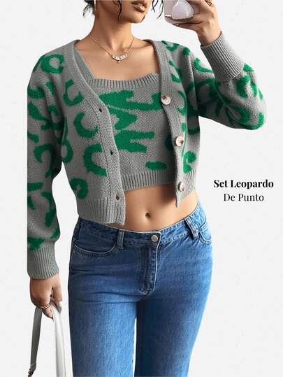 Leopard Print Knit Two - Piece Set (Cardigan + Crop Top) - Ideal for Fall & Spring, Casual Outings, Streetwear. Trendy, Versatile Sweater Set.