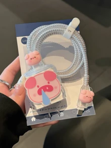 Set de 5 protectores de cable con diseño de nariz de cerdo de dibujos animados, se ajusta a cargadores de 18/20W de EE. UU., enrollador de cable, protector de cable de datos, cable de datos anti-rotura de 1.5m, protector de cabezal de cargador de TPU