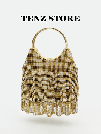 Geantă de seară aurie pentru femei, cu volane, poșetă de lux din plasă cu diamant, cu mâner rotund, geantă unică pentru cocktailuri, clutch pentru banchet de nuntă, geantă la modă pentru rochie de bal formală pentru doamne, perfectă pentru nunți, baluri, cocktailuri și întâlniri, cea mai bună alegere pentru cine elegante, gală