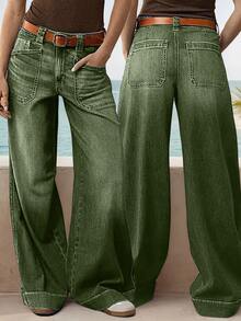 Flare Jeans For Women Vintage Wide Leg Boyfriend Baggy Stretchy High Waisted Denim Pants With Pockets - 軍綠色 - 查看 5