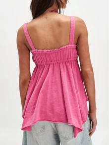 Women Y2k Square Neck Tank Top Sleeveless Irregular Hem Flowy Babydoll Cami Shirt Open Back Boho Vacation Beach Loose Blouse - 玫紅色 - 查看 2