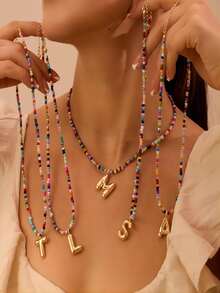 1pc Handmade Beaded Colorful Letter Necklace, Delicate Cute Boho Beach Jewelry, Ideal For Mother's Day And Wife's Birthday Gift