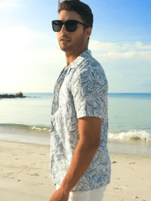 Mens Hawaiian Shirt Short Sleeve Buttoon Down Shirts Casual Tropical Floral Summer Linen Shirts - 藍色 - 查看 3