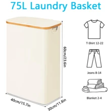 带盖洗衣篮，窄型洗衣篮，带可拆卸袋，纤细脏衣篮，带竹制提手，适用于浴室、卧室和洗衣房 - 白色 - 查看 3