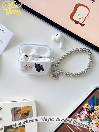 <Magia monocromática, belleza con cuentas>, Funda protectora de estuche para auriculares de segunda generación con estampado de corazón de pata de gato en blanco y negro compatible con auriculares 1/3/4/5, estuche inalámbrico compatible con teléfono de segunda, tercera y cuarta generación
