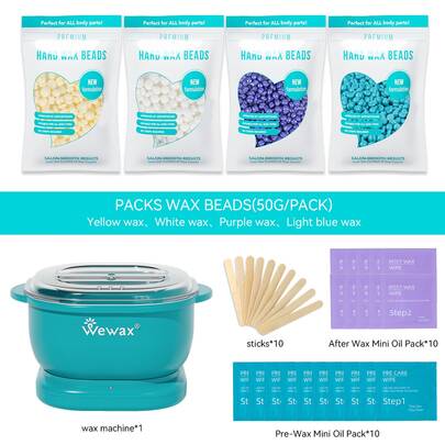 WAXKISS Professional Wax Heater Kit – 4x50g Wax Beans, 10 Wooden Spatulas, Silicone Pot, Easy-Clean & Foldable, Portable Design For Salon & Home UseWaxkiss Professional Wax