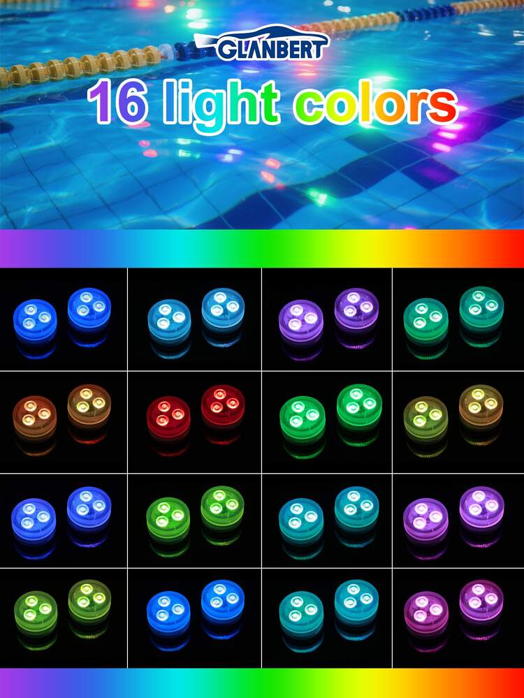 GLANBERT 1套4/2装饰灯16色RGB IP68防水无线LED车内氛围灯汽车车顶脚部氛围灯防水泳池配件灯户外潜水灯适用于池塘花瓶 - 彩色 - 查看 4