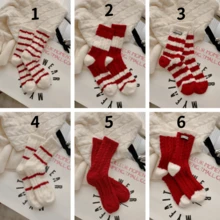 1 Pair Winter & New Year Wool Blend Striped Mid-Calf Socks For Women, Warm & Soft Fleece Lined Christmas Red Socks - Multicolor - View 8