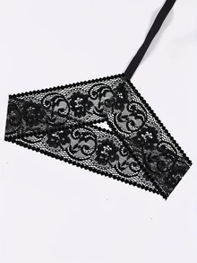 Plus Size Women Sexy Solid Color Crotchless Thong Panties With Lace Leg Garter, Comfortable & Stylish Lingerie