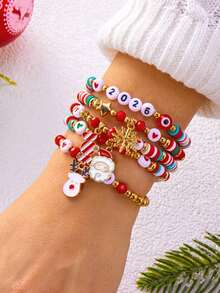 5 件圣诞雪花、圣诞老人、驯鹿、心形水晶手链套装，圣诞礼物 - 彩色 - 查看 2