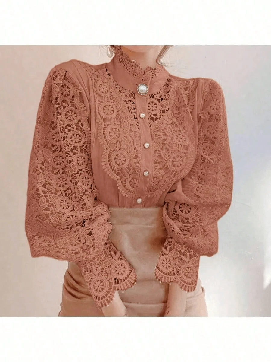 Blusa de primavera con cuello Mao de encaje floral y abotonadura hueca para mujer - Naranja Quemada - Ver 1