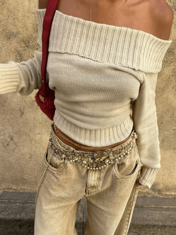 Femmes Sexy Couleur Unie Côtelé Décontracté Slim Épaules Dénudées Court Tricot Pull, Manches Longues, Convient Pour Le Printemps, L'automne, L'hiver