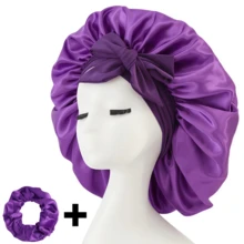 2pcs/Set "Spacious Space" Luxurious Solid Color Satin Bonnet With Satin Scrunchies Large Soft Y Bonnet For Sleeping Satin Hair Bonnet Night Cap Hair Care Hat With Tie Band Bonnets