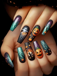 Halloween Nails Goth Update Your Look And Show Off The Charm Of Your Fingertips. 24-Piece Detachable Nail Art Patches. Halloween Essential Nail Art Patches. Beautiful Nail Art Is Also The Best Gift For Friends. Skull Pumpkin Ghost Pattern Nail Art, Multi-Color Nail Art Square Nails French Tip Nails Cute Nails