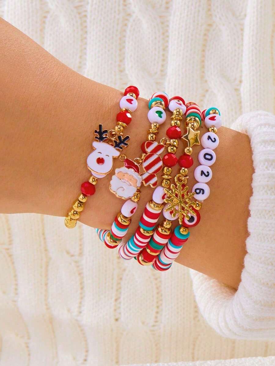 5 件圣诞雪花、圣诞老人、驯鹿、心形水晶手链套装，圣诞礼物 - 彩色 - 查看 1