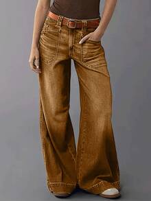 Flare Jeans For Women Vintage Wide Leg Boyfriend Baggy Stretchy High Waisted Denim Pants With Pockets - 咖啡棕 - 查看 1